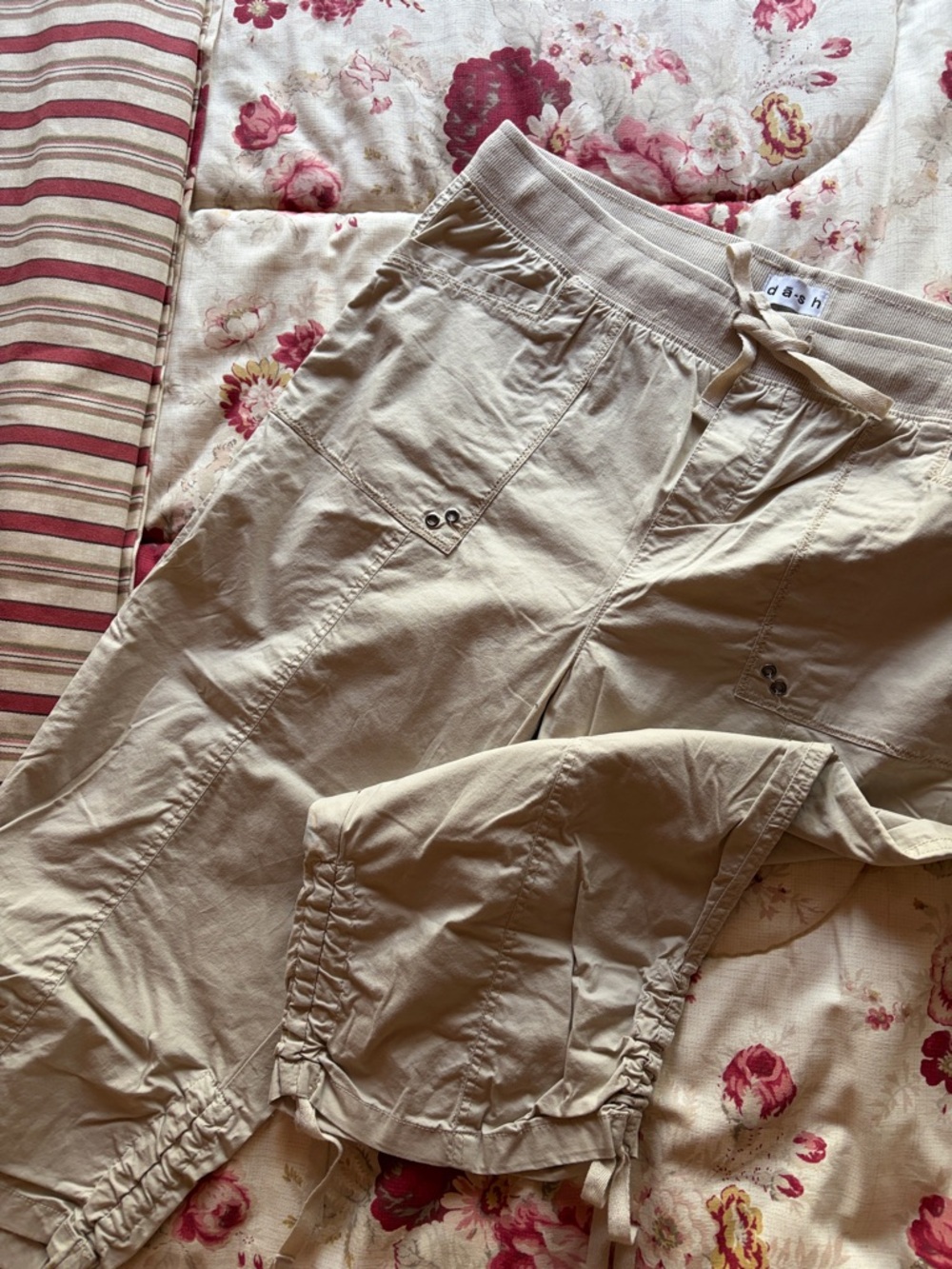 Light Beige Cropped Cargo Pants with Drawstring Waist